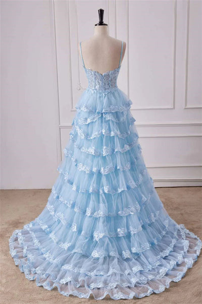 Light Blue Lace V Neck Open Back Layered Long Prom Dresses with Side Split, Light Blue Lace Formal Evening Dress WT1389