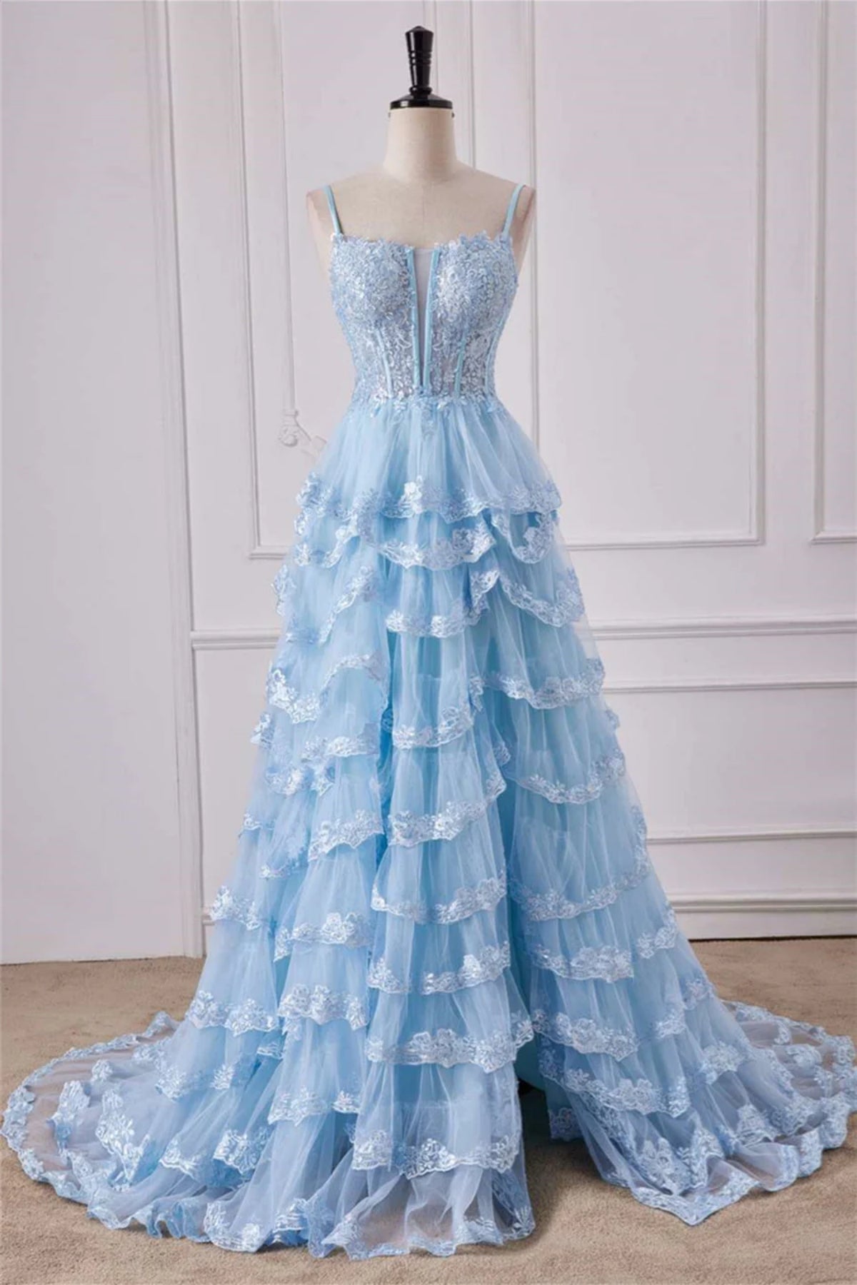 Light Blue Lace V Neck Open Back Layered Long Prom Dresses with Side Split, Light Blue Lace Formal Evening Dress WT1389