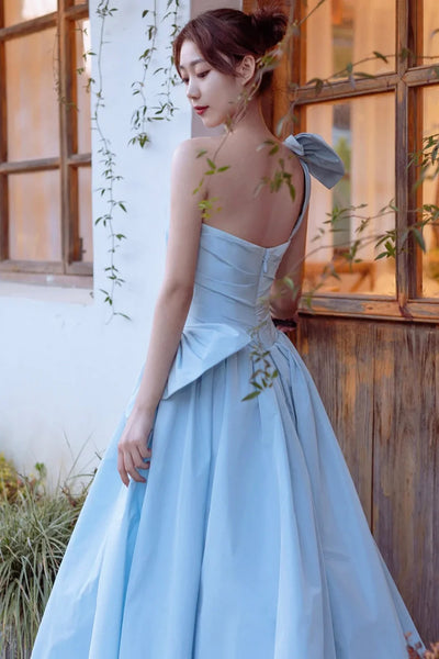 Light Blue One Shoulder Open Back Satin Long Prom Dresses, Long Light Blue Formal Graduation Evening Dresses WT1383