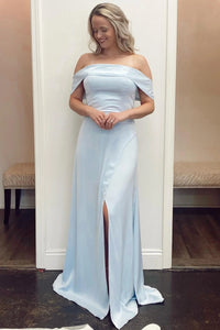 Light Blue Satin Off Shoulder Long Prom Dresses with High Split, Off the Shoulder Light Blue Formal Dresses, Light Blue Evening Dresses WT1406