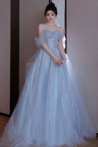 Light Blue Sequins Off the Shoulder Tulle Long Prom Dresses, Off Shoulder Light Blue Formal Dresses, Blue Evening Dresses WT1256