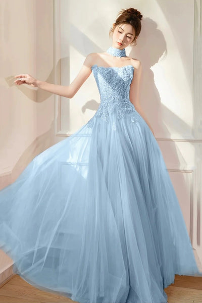 Light Blue Tulle A Line Beaded Long Prom Dresses, Light Blue Formal Graduation Evening Dresses WT1672