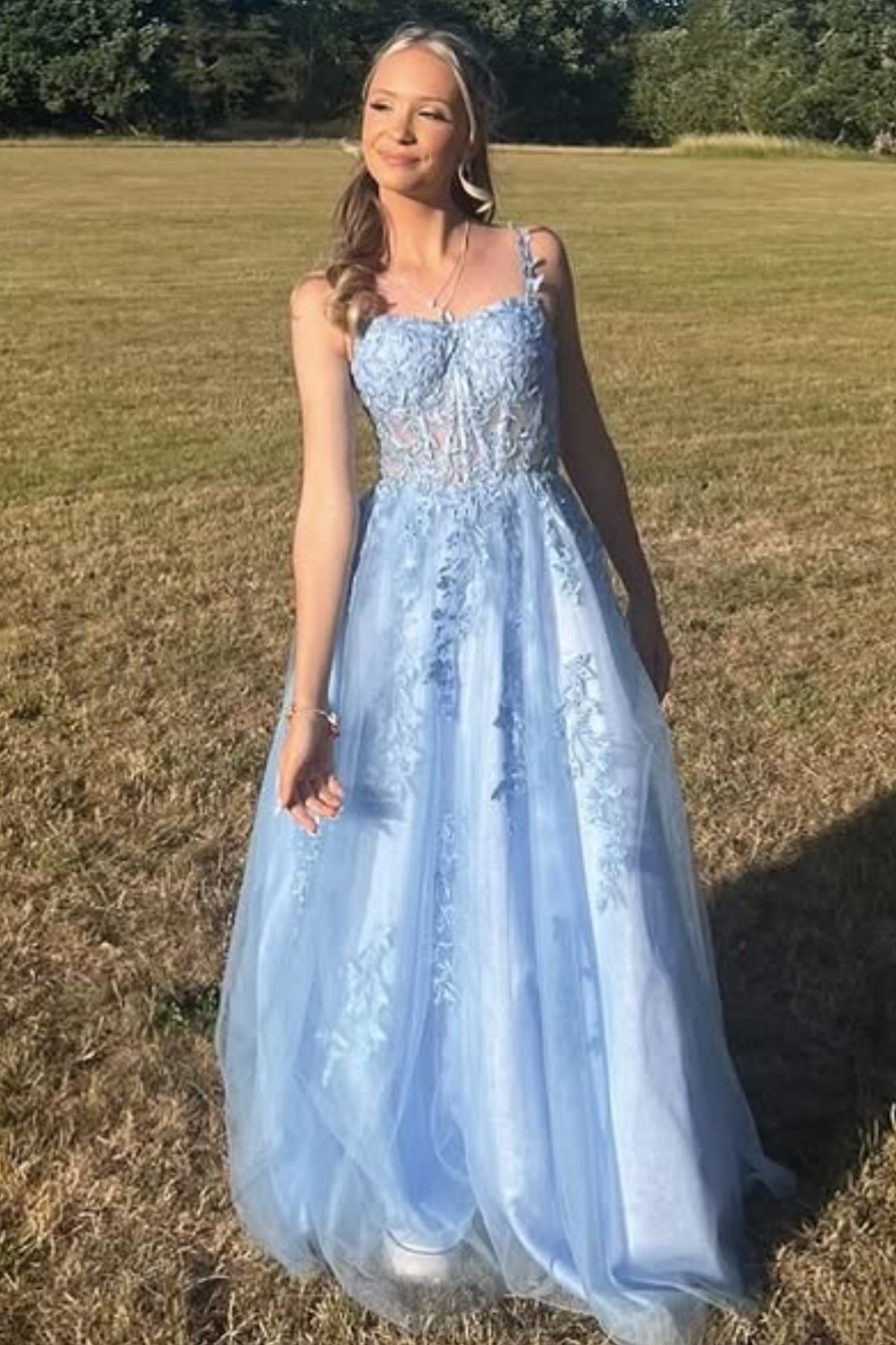 Light Blue Tulle A Line Lace Long Prom Dresses, Light Blue Lace Formal Graduation Evening Dresses WT1692