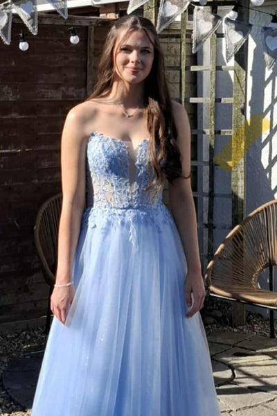Light Blue Tulle A Line V Neck Strapless Lace Long Prom Dresses, Light Blue Lace Formal Graduation Evening Dresses WT1725