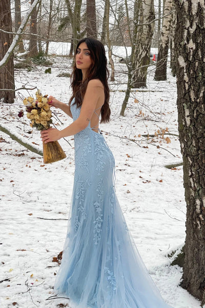 Light Blue Tulle Mermaid Lace Long Prom Dresses with Train, Mermaid Light Blue Formal Dresses, Blue Lace Evening Dresses WT1335