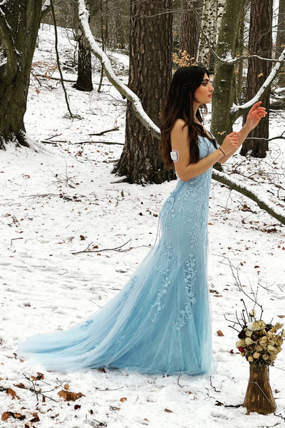 Light Blue Tulle Mermaid Lace Long Prom Dresses with Train, Mermaid Light Blue Formal Dresses, Blue Lace Evening Dresses WT1335