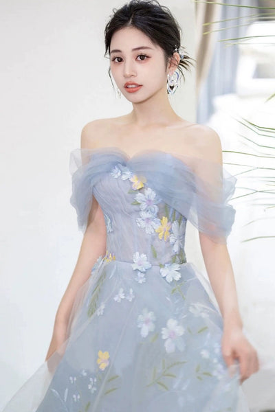 Light Blue Tulle Off the Shoulder Floral Long Prom Dresses, Light Blue Tulle Formal Graduation Evening Dresses WT1276