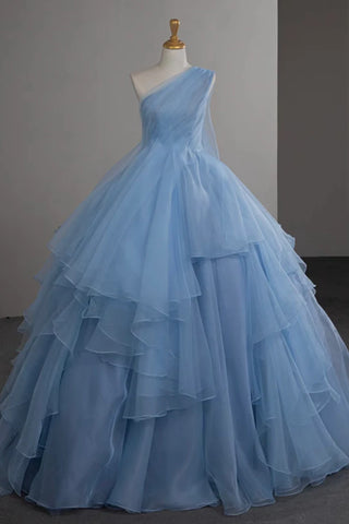 Light Blue Tulle One Shoulder Layered Long Prom Dresses, Light Blue Formal Evening Dresses, One Shoulder Ball Gown WT1540