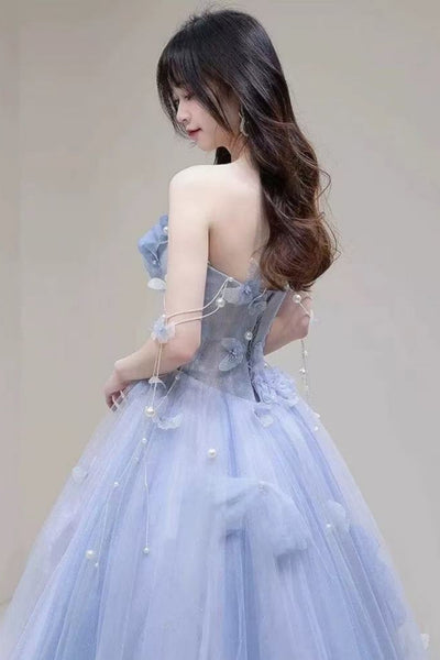 Light Blue Tulle Strapless Floral Long Prom Dresses with Pearls, Light Blue Formal Evening Dresses with 3D Flowers WT1634