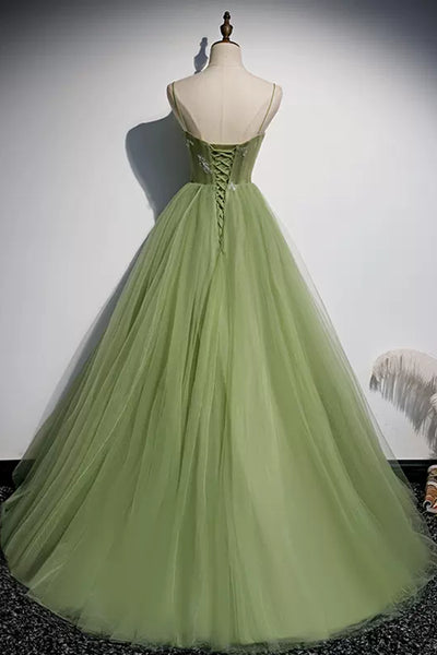 Light Green Tulle Open Back Beaded Long Prom Dresses, Light Green Formal Graduation Evening Dresses WT1240