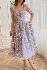 Lilac A Line Tea Length Prom Dresses with Lace Appliques, Lilac Floral Homecoming Dresses, Lilac Formal Evening Dresses WT1481