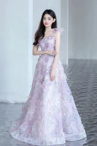 Lilac Shiny A Line Beaded Floral Long Prom Dresses, Lilac Formal Graduation Evening Dresses