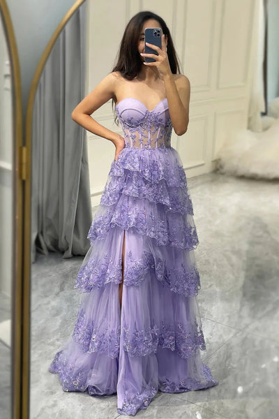 Lilac Strapless Layered Lace Long Prom Dresses with High Slit, Lilac Lace Formal Graduation Evening Dresses WT1494