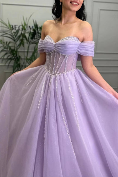 Lilac Tulle Beaded Off the Shoulder Long Prom Dresses, Off the Shoulder Lilac Formal Graduation Evening Dresses WT1574