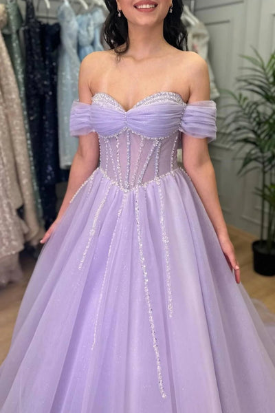 Lilac Tulle Beaded Off the Shoulder Long Prom Dresses, Off the Shoulder Lilac Formal Graduation Evening Dresses WT1574