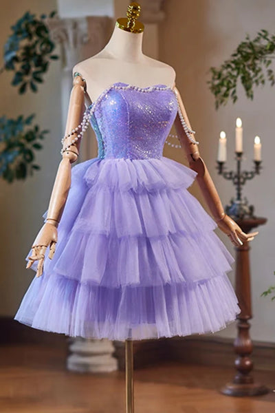 Lilac Tulle Elegant Off the Shoulder Short Prom Dresses, Layered Lilac Homecoming Dresses, Short Lilac Formal Graduation Evening Dresses WT1505