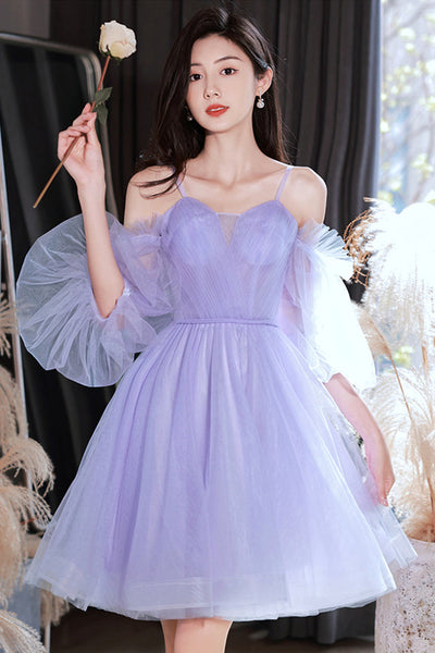 Lilac Tulle Lovely Long Sleeves Prom Dresses, Lilac Tulle Homecoming Dresses, Short Lilac Formal Graduation Evening Dresses WT1261