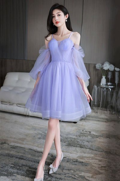 Lilac Tulle Lovely Long Sleeves Prom Dresses, Lilac Tulle Homecoming Dresses, Short Lilac Formal Graduation Evening Dresses WT1261