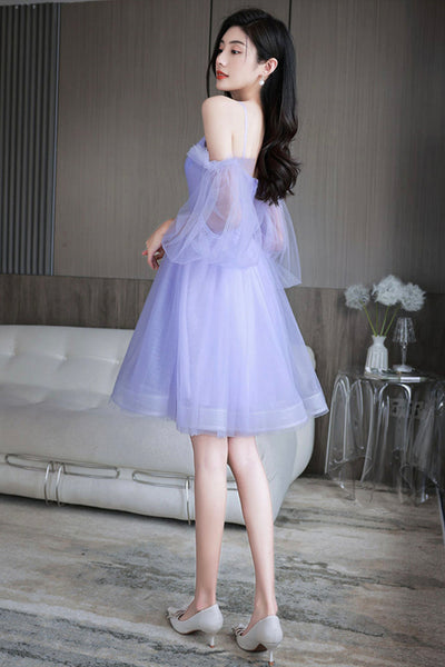 Lilac Tulle Lovely Long Sleeves Prom Dresses, Lilac Tulle Homecoming Dresses, Short Lilac Formal Graduation Evening Dresses WT1261