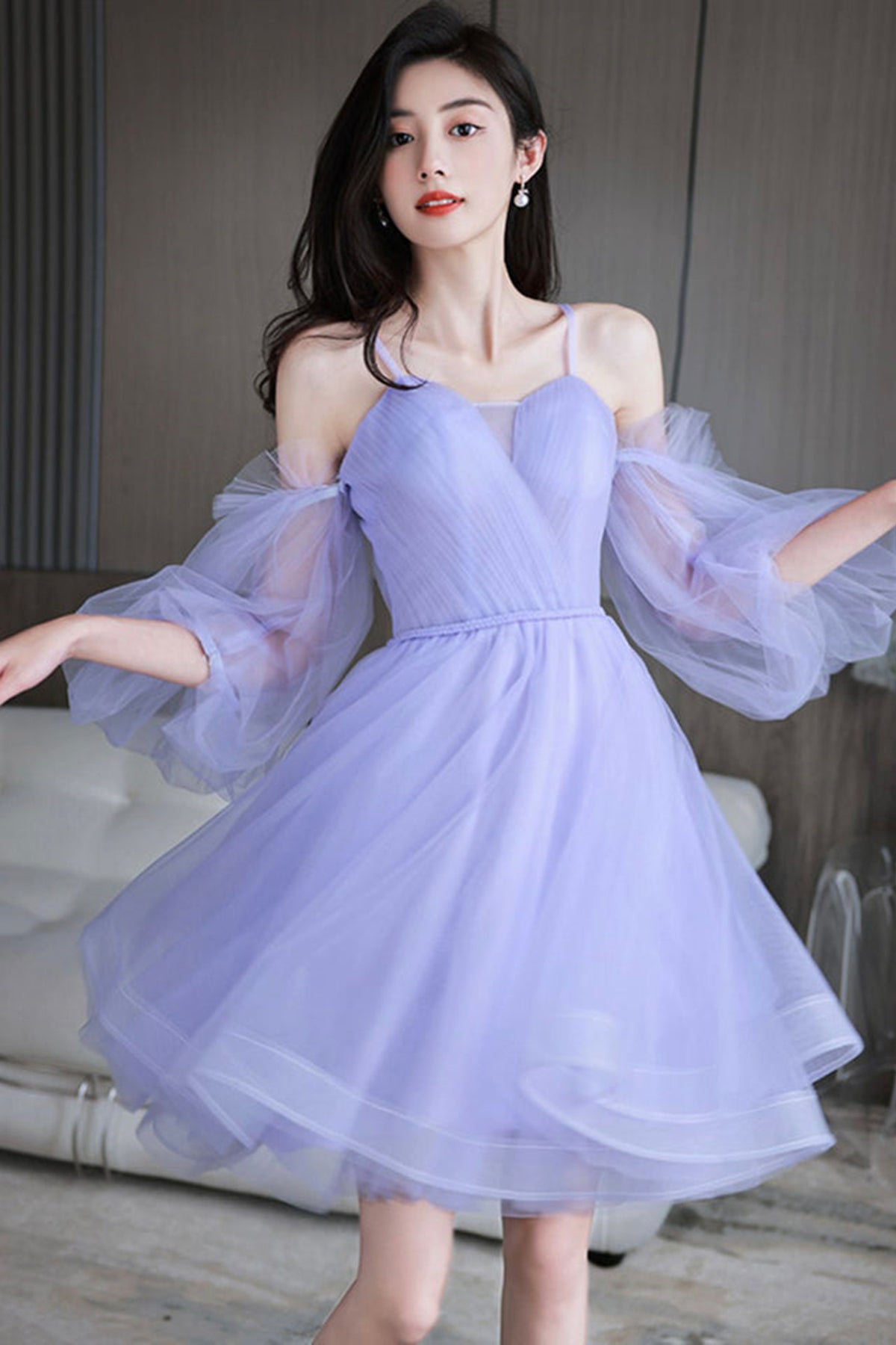 Lilac Tulle Lovely Long Sleeves Prom Dresses, Lilac Tulle Homecoming Dresses, Short Lilac Formal Graduation Evening Dresses WT1261