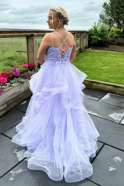 Lilac Tulle Open Back Lace Long Prom Dresses, Lilac Lace Formal Dresses, Lilac Tulle Evening Dresses WT1752