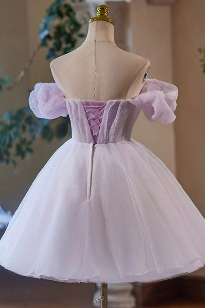 Lilac Tulle Princess Off Shoulder Short Prom Dresses, Off the Shoulder Lilac Homecoming Dresses WT1520