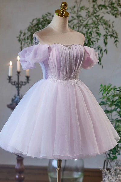 Lilac Tulle Princess Off Shoulder Short Prom Dresses, Off the Shoulder Lilac Homecoming Dresses WT1520