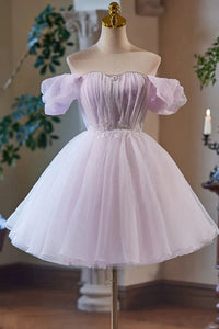 Lilac Tulle Princess Off Shoulder Short Prom Dresses, Off the Shoulder Lilac Homecoming Dresses WT1520