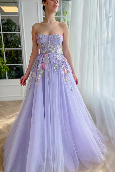 Lilac Tulle Strapless Lace Appliques Long Prom Dresses, Lavender Lace Formal Dresses, Lilac Evening Dresses WT1373