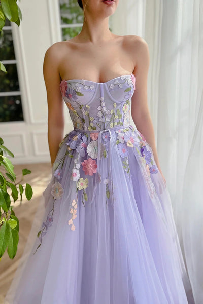 Lilac Tulle Strapless Lace Appliques Long Prom Dresses, Lavender Lace Formal Dresses, Lilac Evening Dresses WT1373