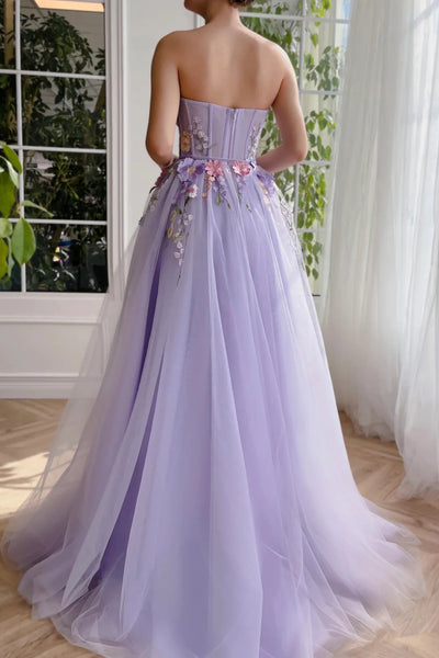 Lilac Tulle Strapless Lace Appliques Long Prom Dresses, Lavender Lace Formal Dresses, Lilac Evening Dresses WT1373