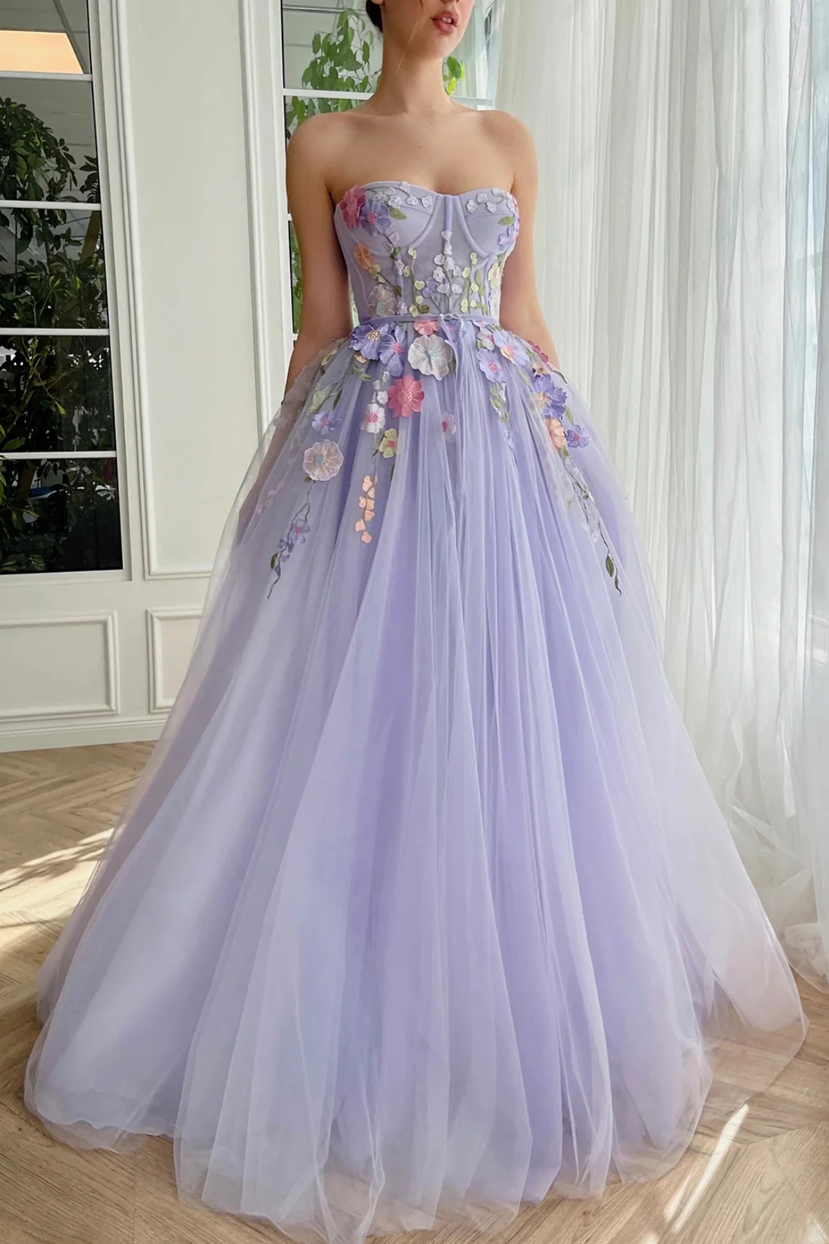 Lilac Tulle Strapless Lace Appliques Long Prom Dresses, Lavender Lace Formal Dresses, Lilac Evening Dresses WT1373