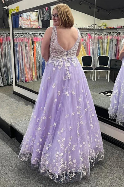 Lilac Tulle V Neck Open Back White Lace Long Prom Dresses, Purple Lace Formal Graduation Evening Dresses WT1336