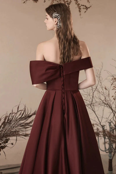 Maroon Off Shoulder Floral Long Prom Dresses, Burgundy Formal Graduation Evening Dresses WT1408