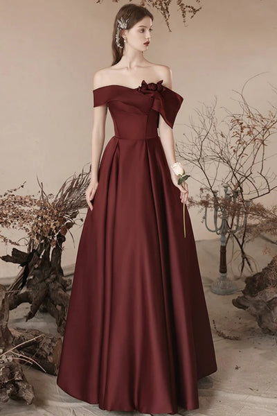 Maroon Off Shoulder Floral Long Prom Dresses, Burgundy Formal Graduation Evening Dresses WT1408