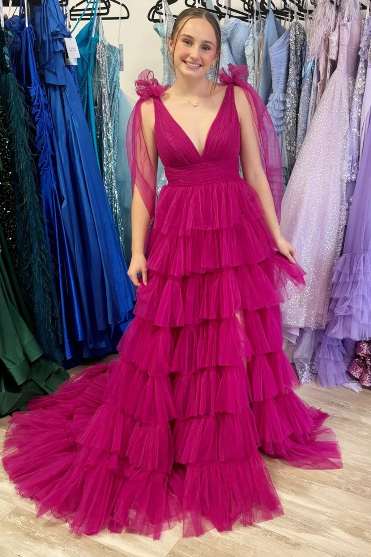 Maroon V Neck Layered Tulle Long Prom Dresses, V Neck Maroon Formal Dresses, Maroon Evening Dresses WT1358