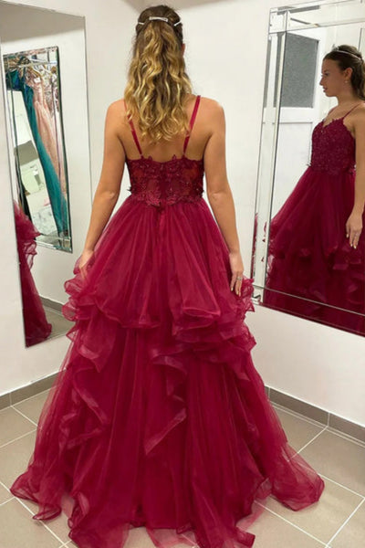 Maroon V Neck Open Back Lace Long Prom Dresses, Maroon Lace Formal Graduation Evening Dresses WT1367