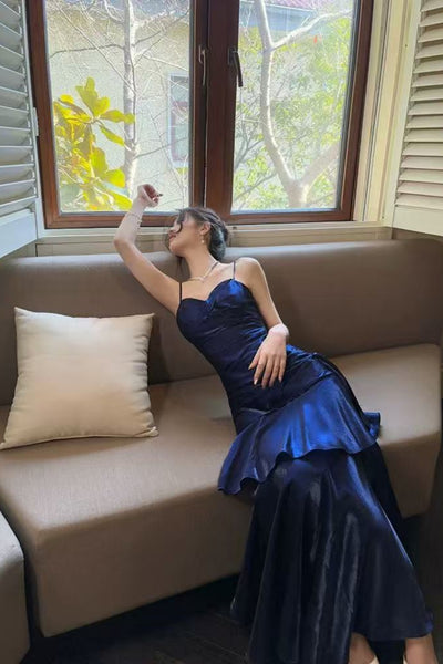 Mermaid Spaghetti Straps Navy Blue Satin Long Prom Dresses, Mermaid Navy Blue Formal Graduation Evening Dresses WT1809