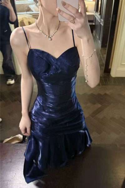Mermaid Spaghetti Straps Navy Blue Satin Long Prom Dresses, Mermaid Navy Blue Formal Graduation Evening Dresses WT1809