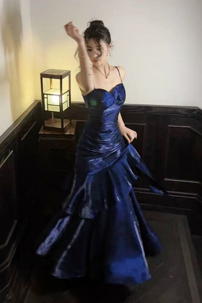 Mermaid Spaghetti Straps Navy Blue Satin Long Prom Dresses, Mermaid Navy Blue Formal Graduation Evening Dresses WT1809