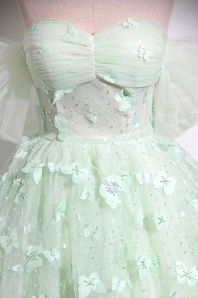 Mint Green Off Shoulder Long Prom Dresses with Bow Appliques, Long Mint Green Formal Evening Dresses WT1546