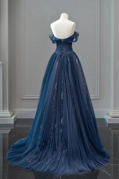 Navy Blue A Line Off the Shoulder Tulle Long Prom Dresses, Navy Blue Tulle Formal Graduation Evening Dresses WT1596