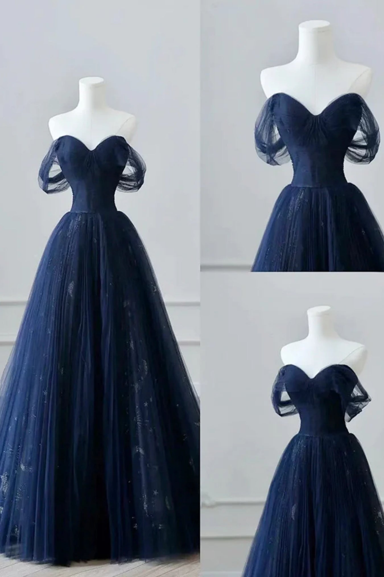 Navy Blue A Line Off the Shoulder Tulle Long Prom Dresses, Navy Blue Tulle Formal Graduation Evening Dresses WT1596