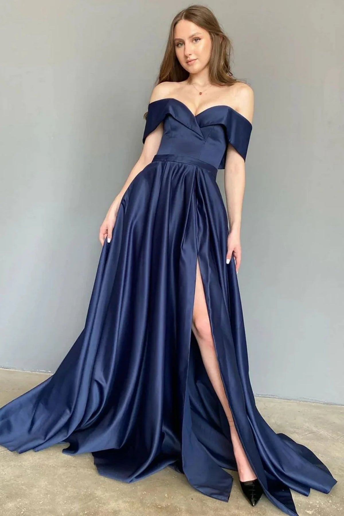 Navy Blue Satin Off Shoulder Long Prom Dresses with High Slit, Off the Shoulder Navy Blue Formal Graduation Evening Dresses WT1330