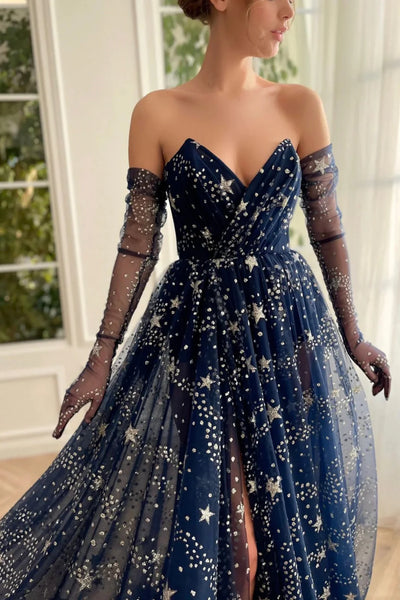 Navy Blue Strapless Long Sleeves Lace Prom Dresses with High Slit, Navy Blue Lace Formal Graduation Evening Dresses WT1286