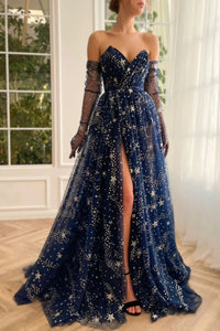 Navy Blue Strapless Long Sleeves Lace Prom Dresses with High Slit, Navy Blue Lace Formal Graduation Evening Dresses WT1286