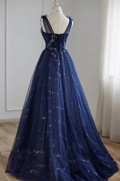 Navy Blue Tulle A Line Lace Appliques Long Prom Dresses, Navy Blue Lace Formal Graduation Evening Dresses WT1365