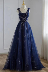 Navy Blue Tulle A Line Lace Appliques Long Prom Dresses, Navy Blue Lace Formal Graduation Evening Dresses WT1365