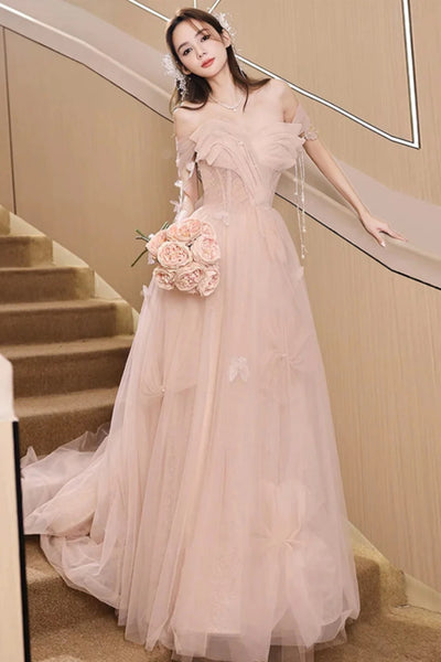 Off Shoulder Champagne Tulle Long Prom Dresses, Champagne Tulle Formal Evening Dresses WT1416