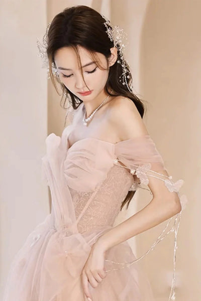 Off Shoulder Champagne Tulle Long Prom Dresses, Champagne Tulle Formal Evening Dresses WT1416